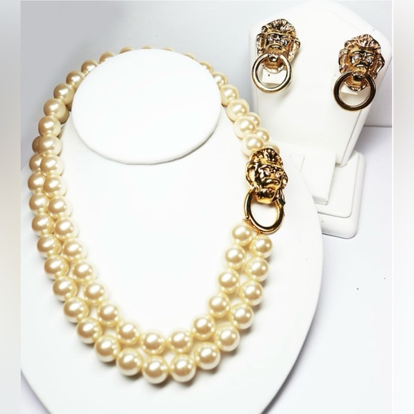 KJL Vintage Faux Pearl with Lion Motif and Matching Earrings EUC